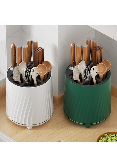 Pazly Yeşil Döner Bıçak Tutucu, Kaşık, Yemek Çubukları, Çatal, Drenaj Rafı, Sepet, Çok Fonksiyonlu Masaüstü Depolama, Mutfak Malzemeleri Yeşil