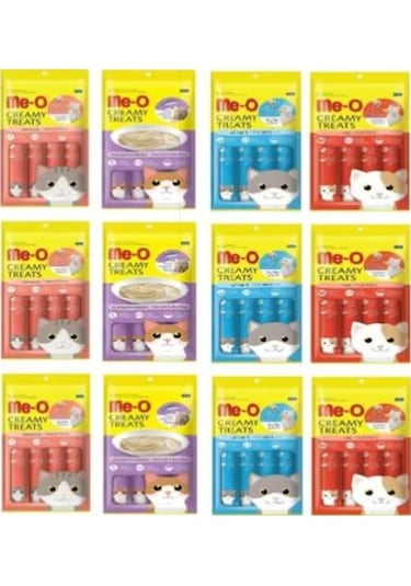 Me-O Creamy Treats Yengeçli Kedi Ödülü 3'lü 4 x 15 G + Tavuklu ve Ciğerli 3'lü 4 x 15 G + Ton Balıklı 3'lü 4 x 15 G + Somonlu 3'lü 4 x 15 G