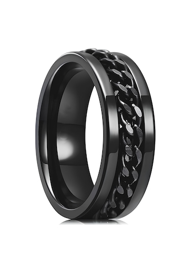 Ortası Dönebilen Zincirli Erkek Kadın Anti-stres Çelik Alyans Yüzük Cl43 Mavi - Siyah