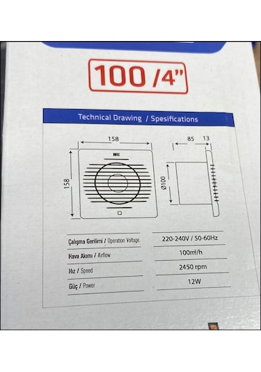 100'lük Banyo Tuvalet Aspiratör Havalandırma Fanı 10 CM Çaplı