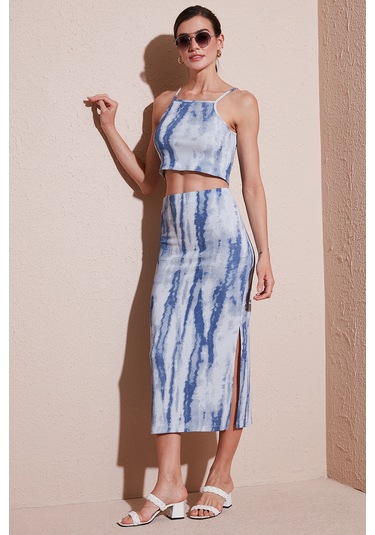 Lela Slim Fit Ip Askılı Yırtmaçlı Midi Alt-Üst Bayan Takım 5869021 Indigo