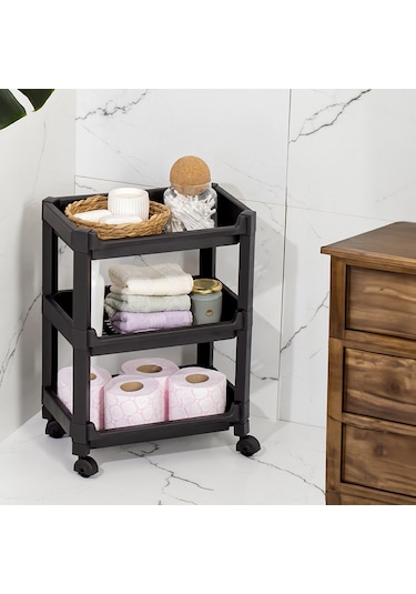 Porsima RAFTY-73-ECO-1 Tekerlekli 3 Katlı Düzenleyici - 35,5 x 22 x 48 cm Hareketli Geniş Raf - Siyah