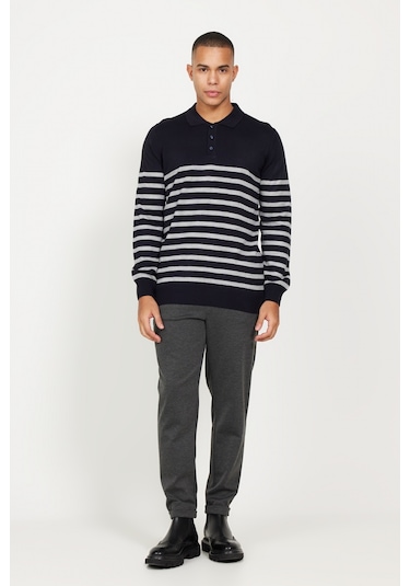 AC&Co / Altınyıldız Classics Erkek Lacı Grı Standart Fit Normal Kesim Polo Yaka Çizgili Triko Kazak Lacivert - Gri