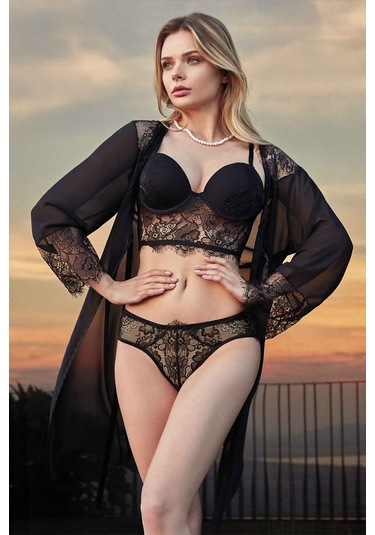 Gabria Destekli Yarım Büstiyer Kimono Takım Siyah
