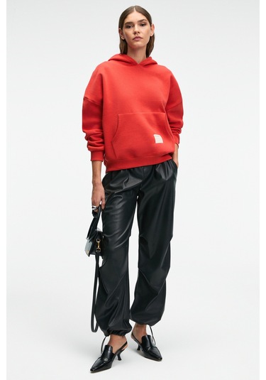 Grımelange Clarıe Kadın Organik Pamuklu Oversize Kanguru Cepli Kapüşonlu Kırmızı Sweatshirt Kırmızı