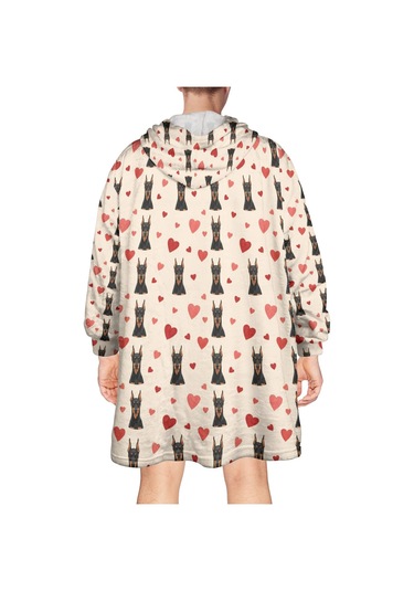 Doberman Desenli Giyilebilir Battaniye Hoodie, Unisex, Kalın, Cepli-a3 Doberman Heart Layered