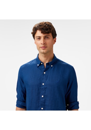 Nautica Erkek Mavi Classic Fit Keten Gömlek Düz W55101t Mavi