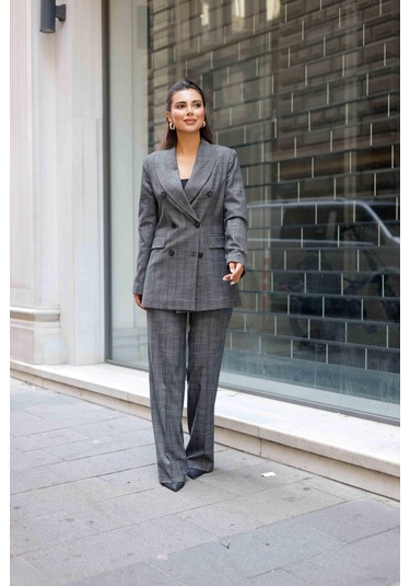 6 Düğmeli Kruvaze Ekose Takım Gri Gri