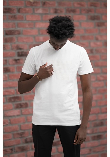 Slim Fit Pamuklu Önü Baskılı Sıfır Yaka T-shirt Beyaz