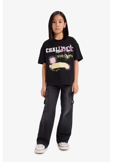 Defacto Kız Çocuk Oversize Geniş Kalıp Bisiklet Yaka Baskılı Kısa Kollu Tişört E0386a825smbk81 Siyah