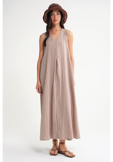 4700 Kadın V Yaka Önü Pileli Elbise Latte Latte