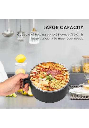 Neevoyu 1000ml Kapasiteli Çelik Lehimli Isı Yalıtımlı Microwave Uygun Yemek Kasesi, Sıcak Tutucu Kollü, Yıkama Makinesi Güvenli, Siyah Siyah