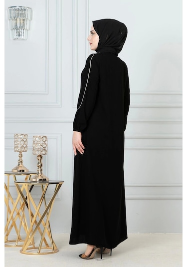 Beyaz Biye Detaylı Ferace - Siyah Siyah