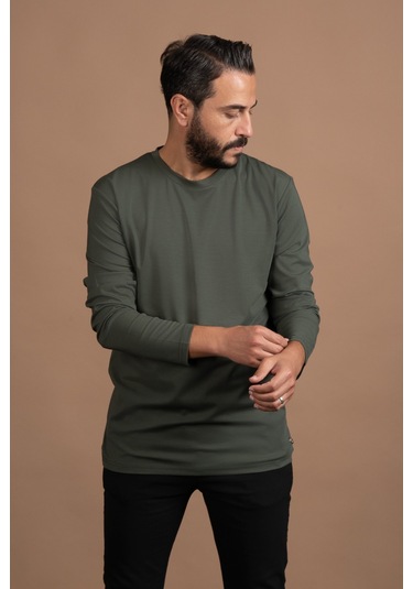 Regular Fit Bisiklet Yaka Rayon Kumaş Full Likralı Uzun Kol Sweatshirt Yeşil
