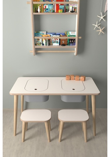 Çocuk Oyun Ve Aktivite Masası - 2 Tabure - Gri Sepetli Beyaz-gri Beyaz - Gri