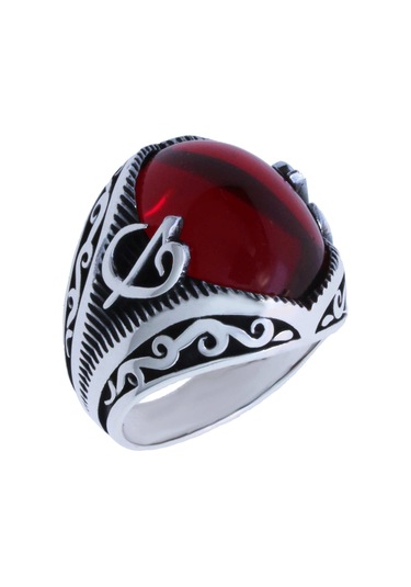925 Ayar Gümüş Elif Vav Kırmızı Taşlı Erkek Yüzük