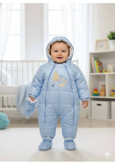 Bebek İçi Kürklü Çıkabilen Patik Ve Eldivenli Astronot Tulum Mavi