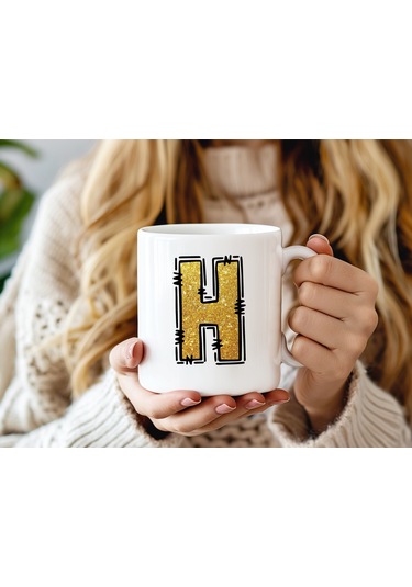 H Harfi Gold Simli Kupa Işıltılı Alfabe Harf Tasarımlı Kahve Kupası - Kişiye Özel Hediye Beyaz