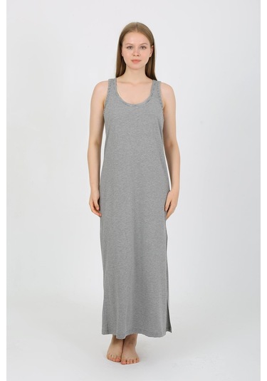 Akbeniz Kadın Kalın Askılı Yırtmaçlı Uzun Gri Gecelik 90110 Gri