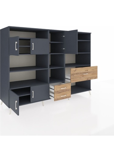Kronos Dolap 13 Raflı 3 Çekmeceli 5 Kapaklı 220x59x163 Antrasit-a Antrasit-antrasit/çam