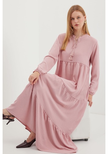 Bigdart 1627 Yaka Bağcıklı Tesettür Elbise - A. Pembe 001