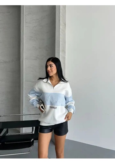 Yarım Fermuar Ikı Renklı Sweat Mavi