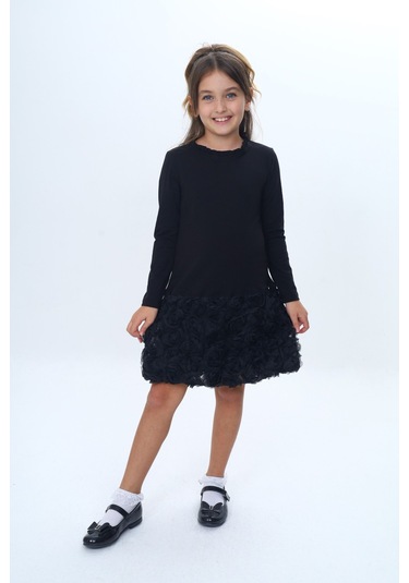 Toontoy Kız Çocuk Yaka Fırfır Etek 3d Güllü Elbise Siyah