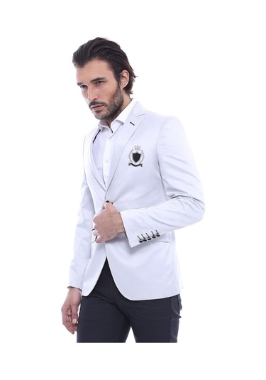 Çift Düğmeli Mono Yaka Armalı Krem Ceket -wessi Krem