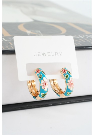 Kadın Özel Seri Mineli Çiçek Motifli Kararmaz 2 Cm Halka Küpe Seti - Mavi