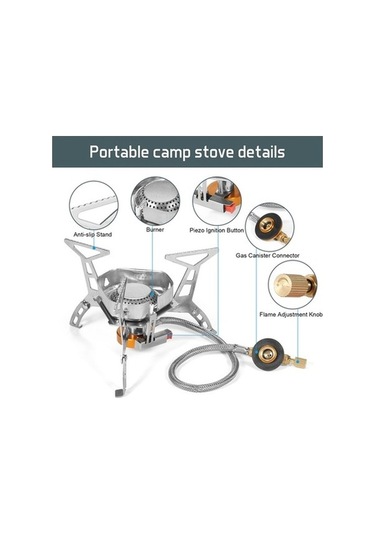Pazly Taşınabilir Kamp Sobası Rüzgar Geçirmez Piezo Ateşlemeli 3500w Gaz Brülörü Piknik Yürüyüş Gümüş Gümüş