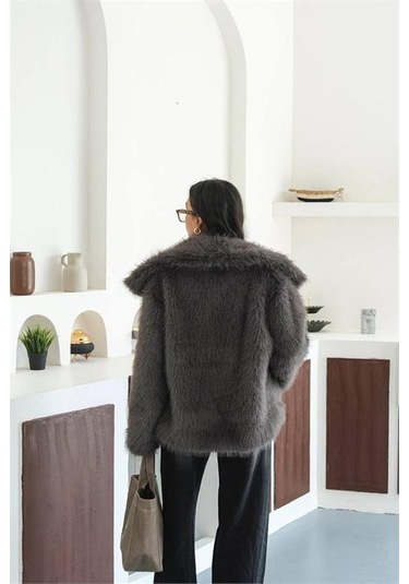 Neşeli Butik Kadın Antrasit Astarlı Kürk Kaban Nbmylk32 Antrasit