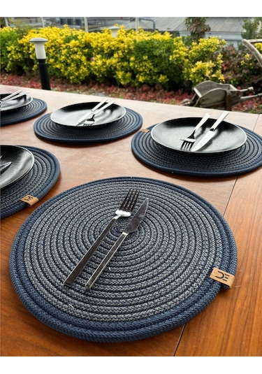 6 Lı Yuvarlak Supla Takımı Kolay Temizlenebilir, Modern Sofralar İçin Lacivert -antrasit