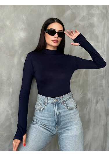 %95 Pamuklu Parmak Geçmeli Kadın Body Esnek Kumaş Lacivert
