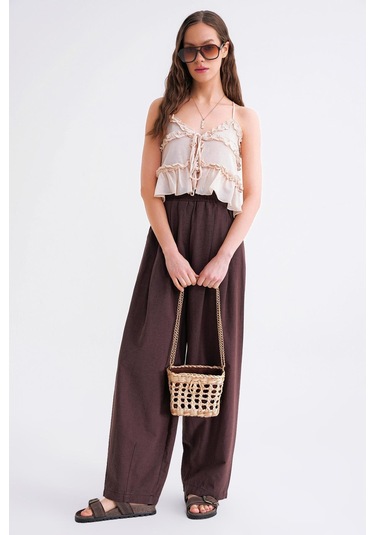 4682 Kadın Beli Lastikli Jogger Bol Keten Pantolon Kahve Kahve