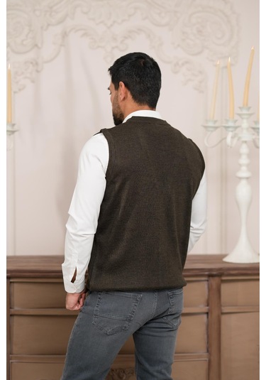 Woolen World Regular Fit Ön Cepli Kolsuz Erkek Triko Yelek Kahverengi