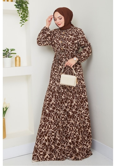 Sevil Yarım Düğmeli Dokuma Viskon Elbise 1504 - Acı Kahve Acı Kahverengi