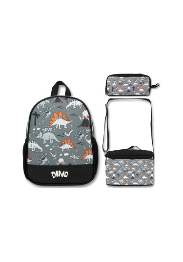 Famebag-ümit Çanta Siyah Gri Dinazor Anaokulu Çantası 3'lü Set