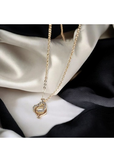 Altın Renk Kalp Ve Yüzük Motifli Taşlı Kolye Anlamlı Kadın Takı Gold
