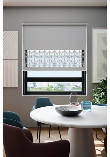 Lazer Kesim Mat Stor Perde, Lazer Kesimli Klasik Serisi, C-161005 Gri Renk Beyaz