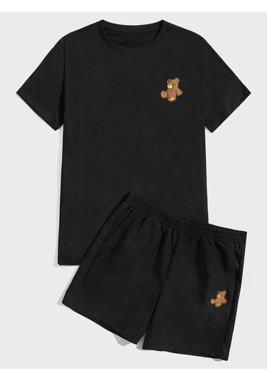 Ayıcık T-shirt Şort - Siyah Alt Üst Kombin Şort Tişört Takım Baskılı Oversize Bisiklet Yaka Siyah
