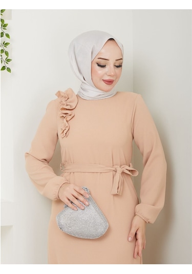 Krep Kumaş Omuz Fırfırlı Elbise 001