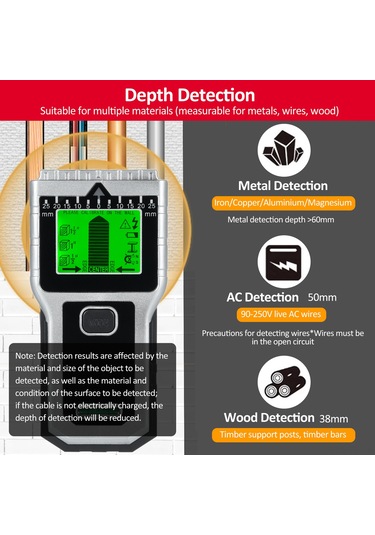 Vkemall T30 Duvar Dedektörü: Çelik/metal/ağaç/tel Tespiti, 5 Mod, 38mm/60mm/51mm Derinlik, Lcd Ekran, Seviye Ve Cetvel Özelliği, Pil İle