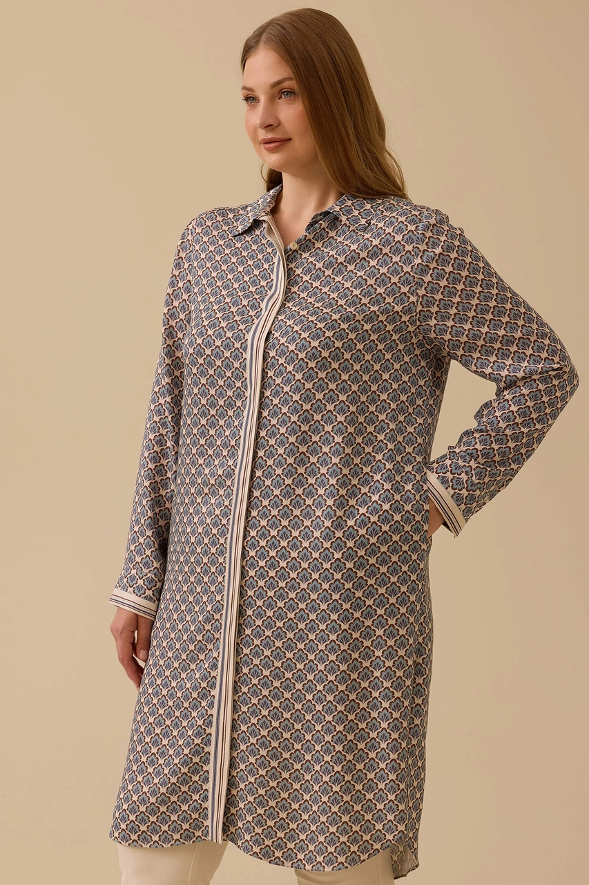 Galaxi Kadın Büyük Beden Desenli Uzun Tunik 4004 Mavi Mavi