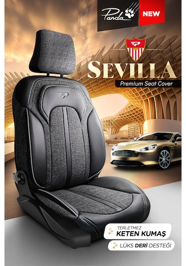 Füme - Gri Panda Sevılla Serısı Keten Kumaş Oto Koltuk Kılıfı - Tam Set