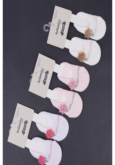 1'li Kız Bebek Çiçek Aksesuarlı Ekru Babet Çorap-1321 Ekru