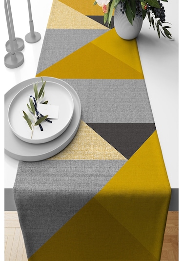 Hardal Geometrik Desenli Premium Masa Örtüsü Runner Rnr611