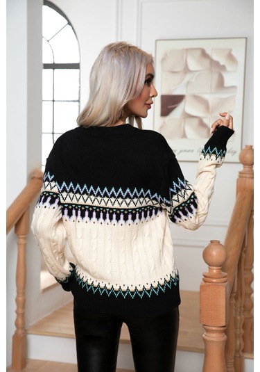 Sımıcg Kadın Jakarlı Bisiklet Yaka Kazak Beyaz - Siyah