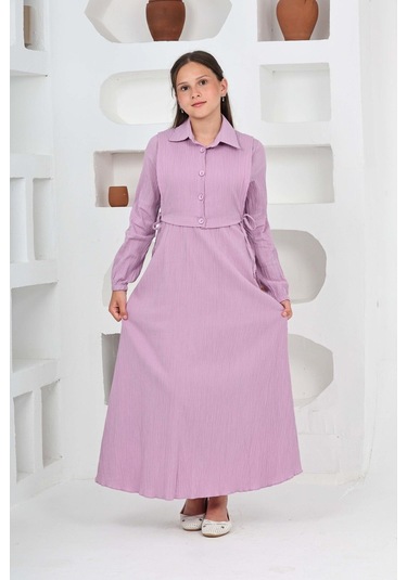 Kız Çocuk Uzun Boy Gofre Kumaş Jile & Elbise İki Parça Takım Astarlı Zarif Set-4948 Lila