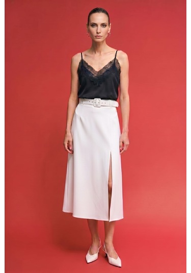 Sateen Kemerli Yırtmaç Detaylı Kloş Etek - Ekru-137417