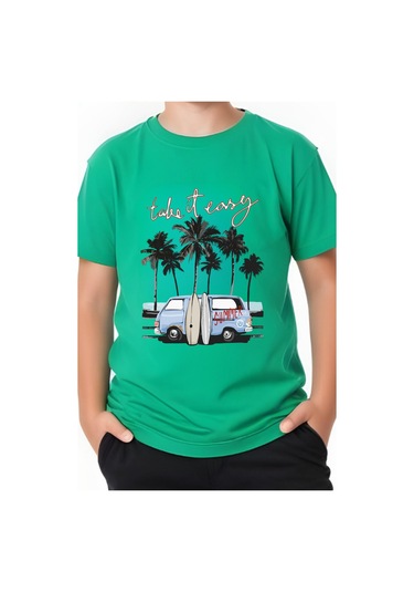 Summer Van Baskılı Erkek Çocuk Yuvarlak Yaka Kısa Kollu T-shirt Yeşil